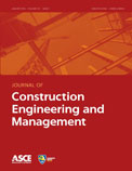 Journal of Construction Engineering and Management cover with an image of a construction site on a red background. The journal title, ASCE logo and Construction Institute logo are displayed as well.